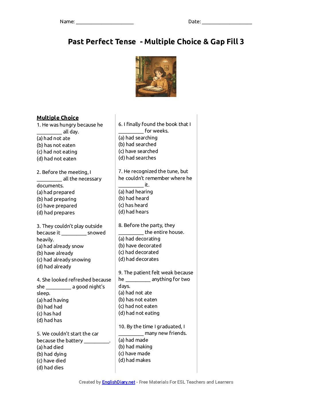 Preview of Past Perfect Tense  - Multiple Choice & Gap Fill 3 Worksheet