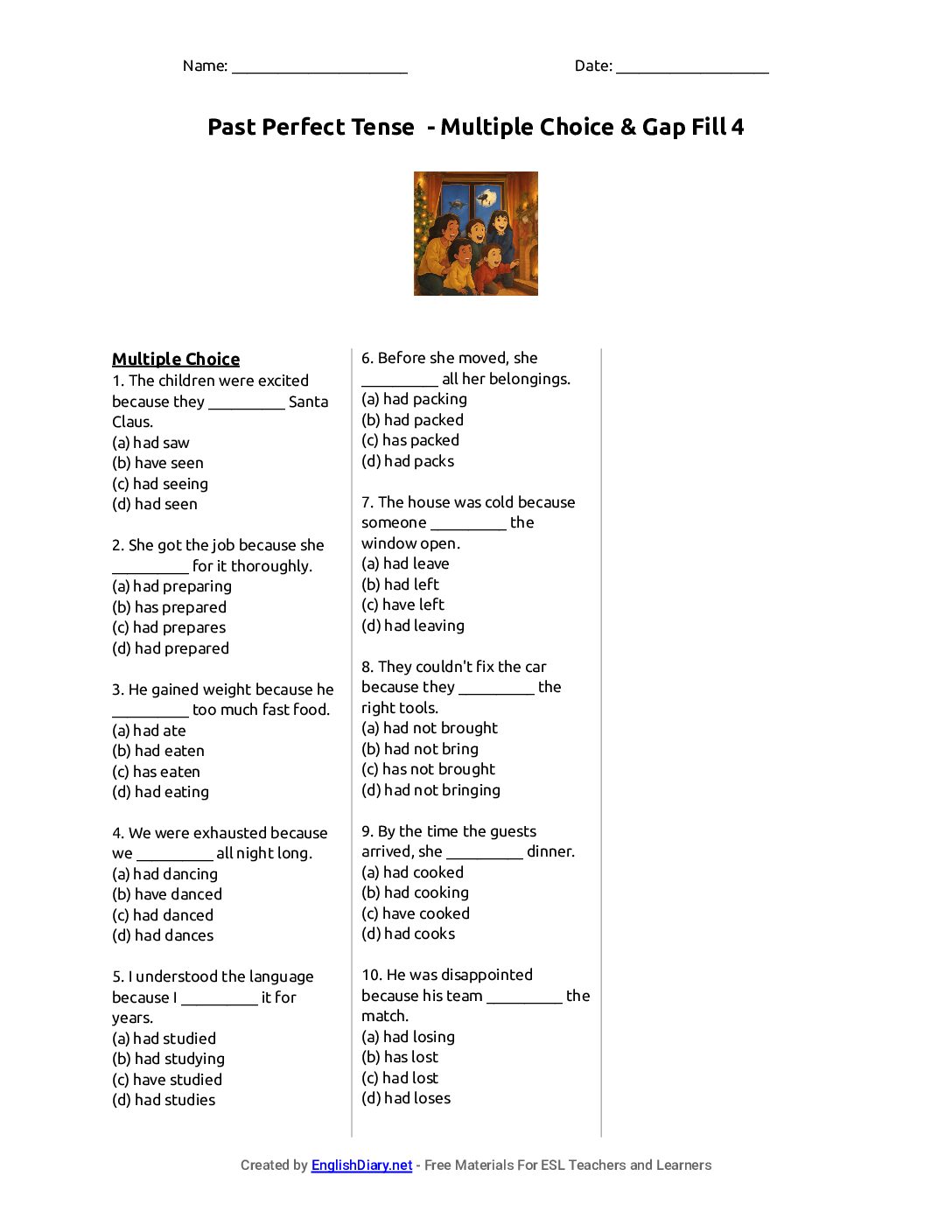 Preview of Past Perfect Tense - Multiple Choice & Gap Fill 4 Worksheet