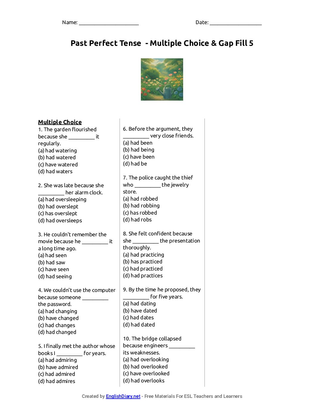 Preview of Past Perfect Tense  - Multiple Choice & Gap Fill 5 Worksheet
