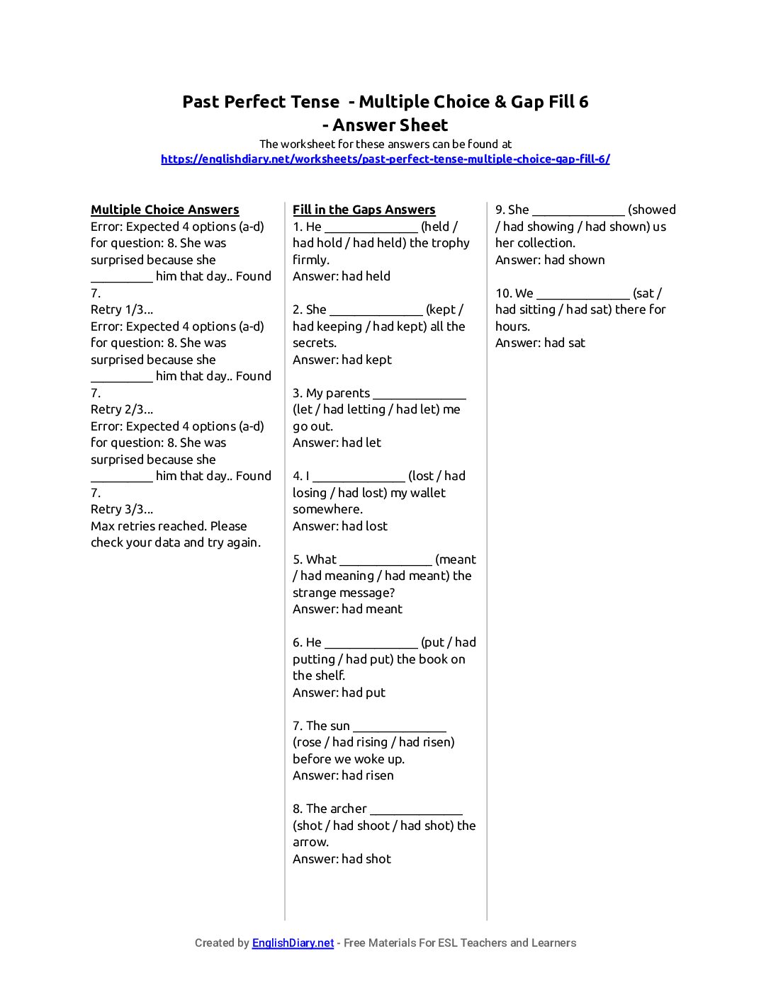 Preview of Past Perfect Tense - Multiple Choice & Gap Fill 6 Answer Sheet