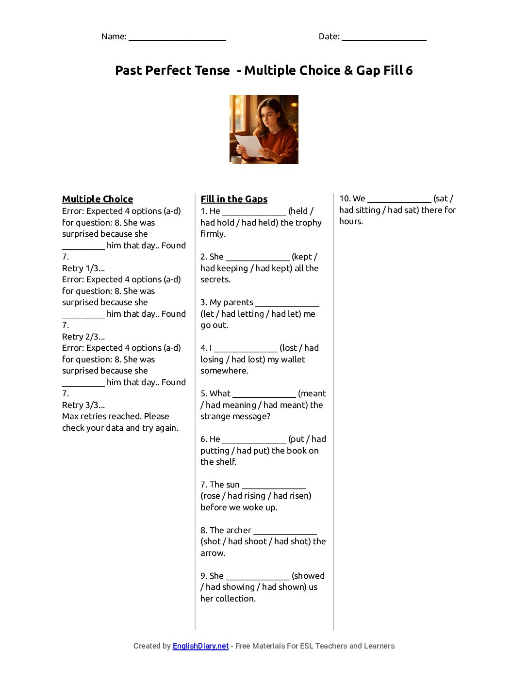 Preview of Past Perfect Tense - Multiple Choice & Gap Fill 6 Worksheet