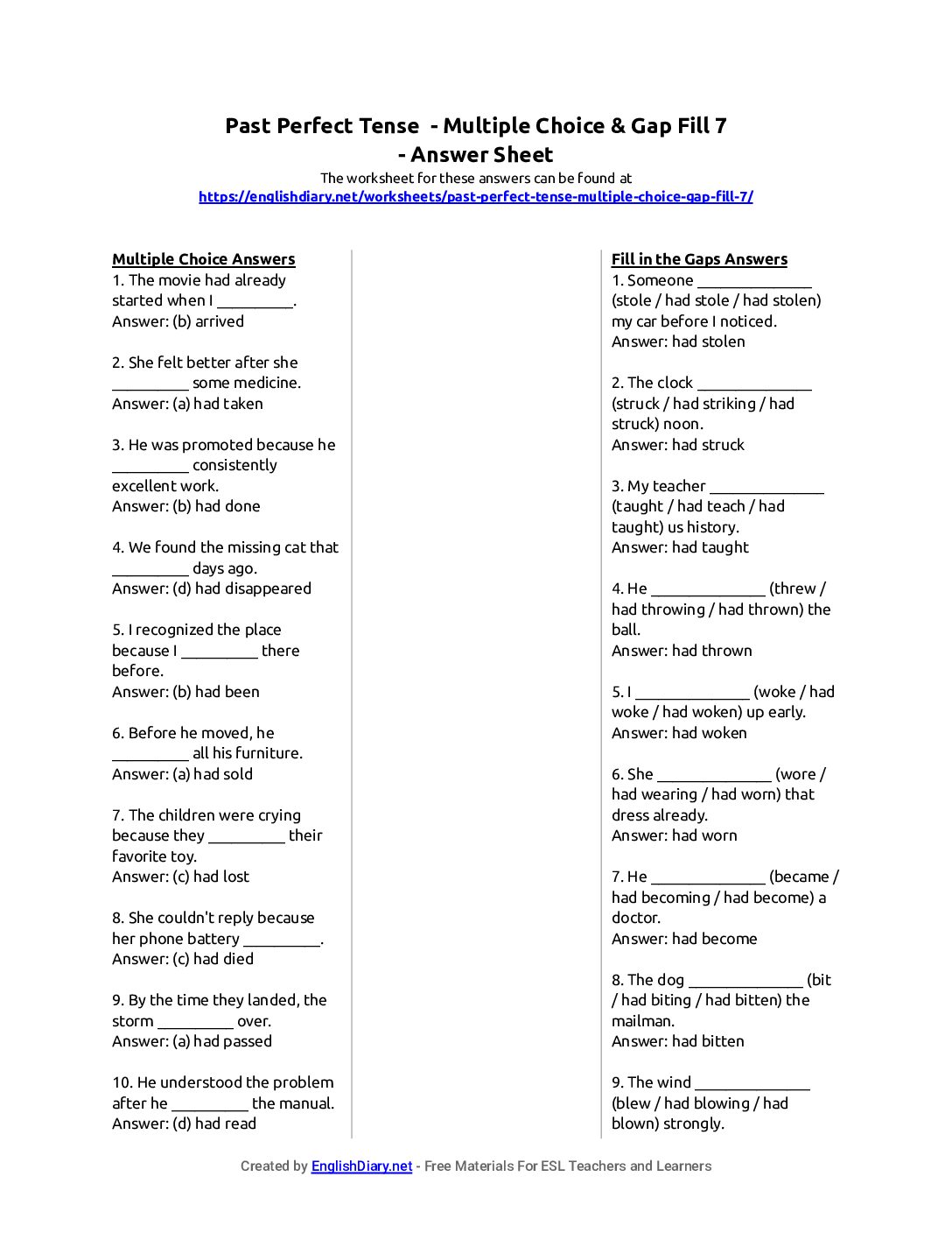Preview of Past Perfect Tense - Multiple Choice & Gap Fill 7 Answer Sheet