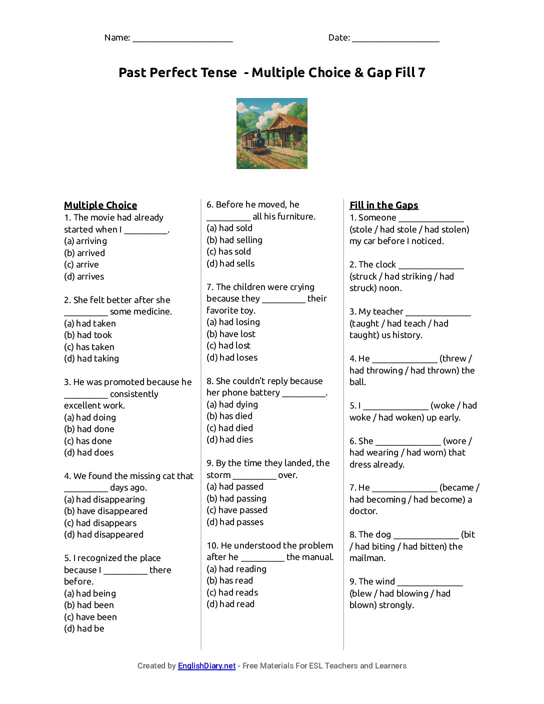 Preview of Past Perfect Tense - Multiple Choice & Gap Fill 7 Worksheet