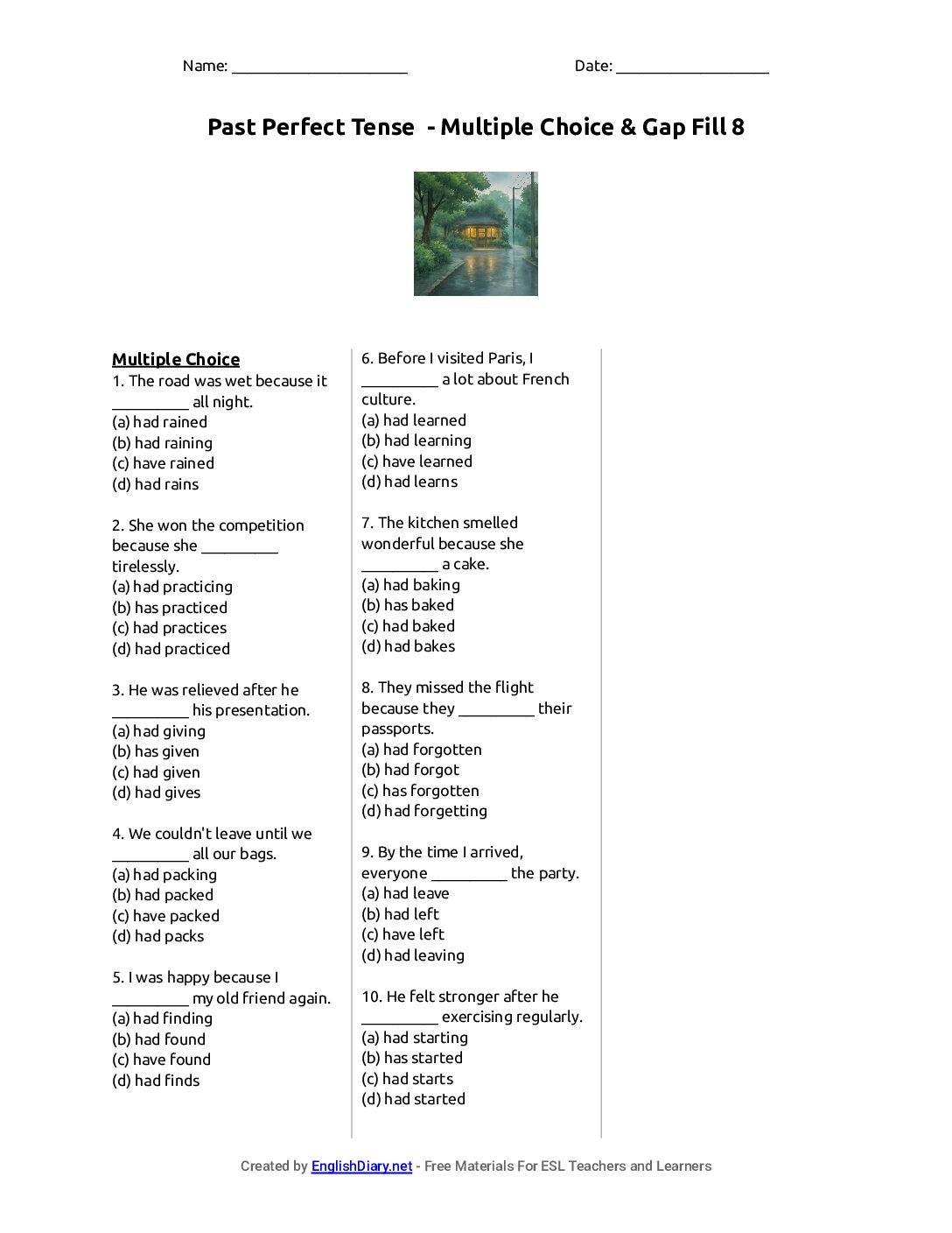 Preview of Past Perfect Tense - Multiple Choice & Gap Fill 8 Worksheet