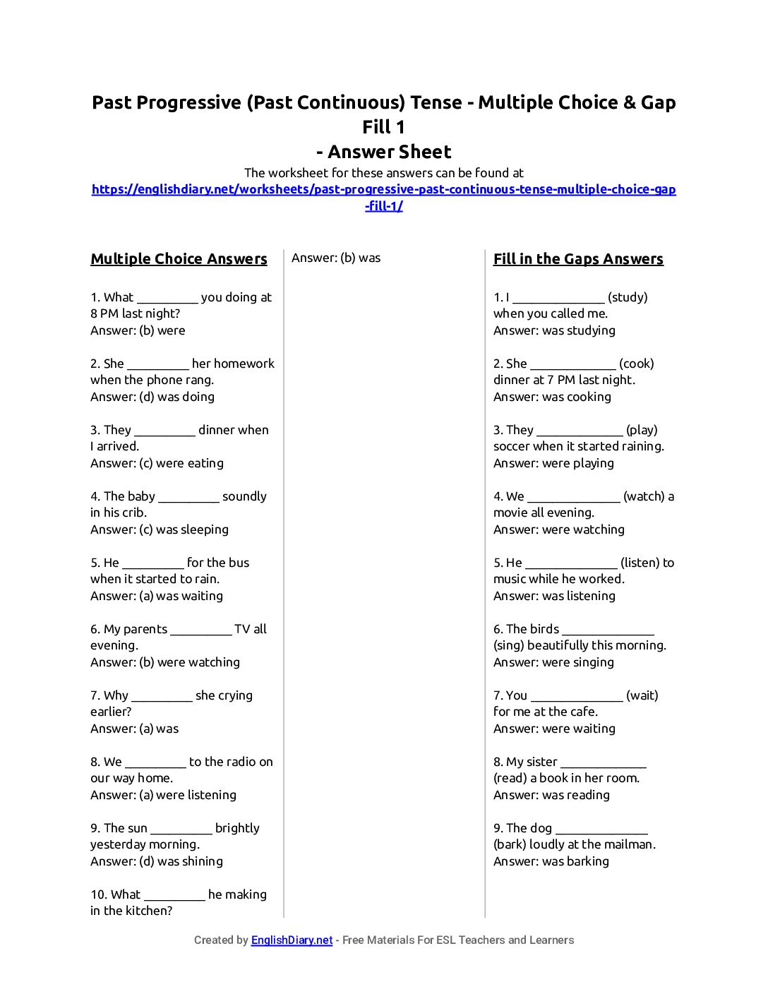 Preview of Past Progressive (Past Continuous) Tense - Multiple Choice & Gap Fill 1 Answer Sheet