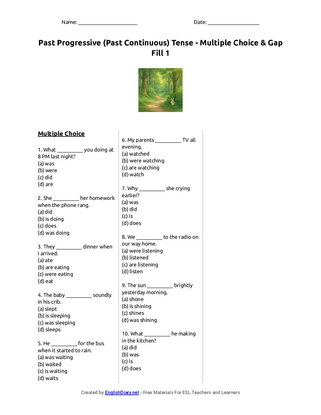 Preview of Past Progressive (Past Continuous) Tense - Multiple Choice & Gap Fill 1 Worksheet
