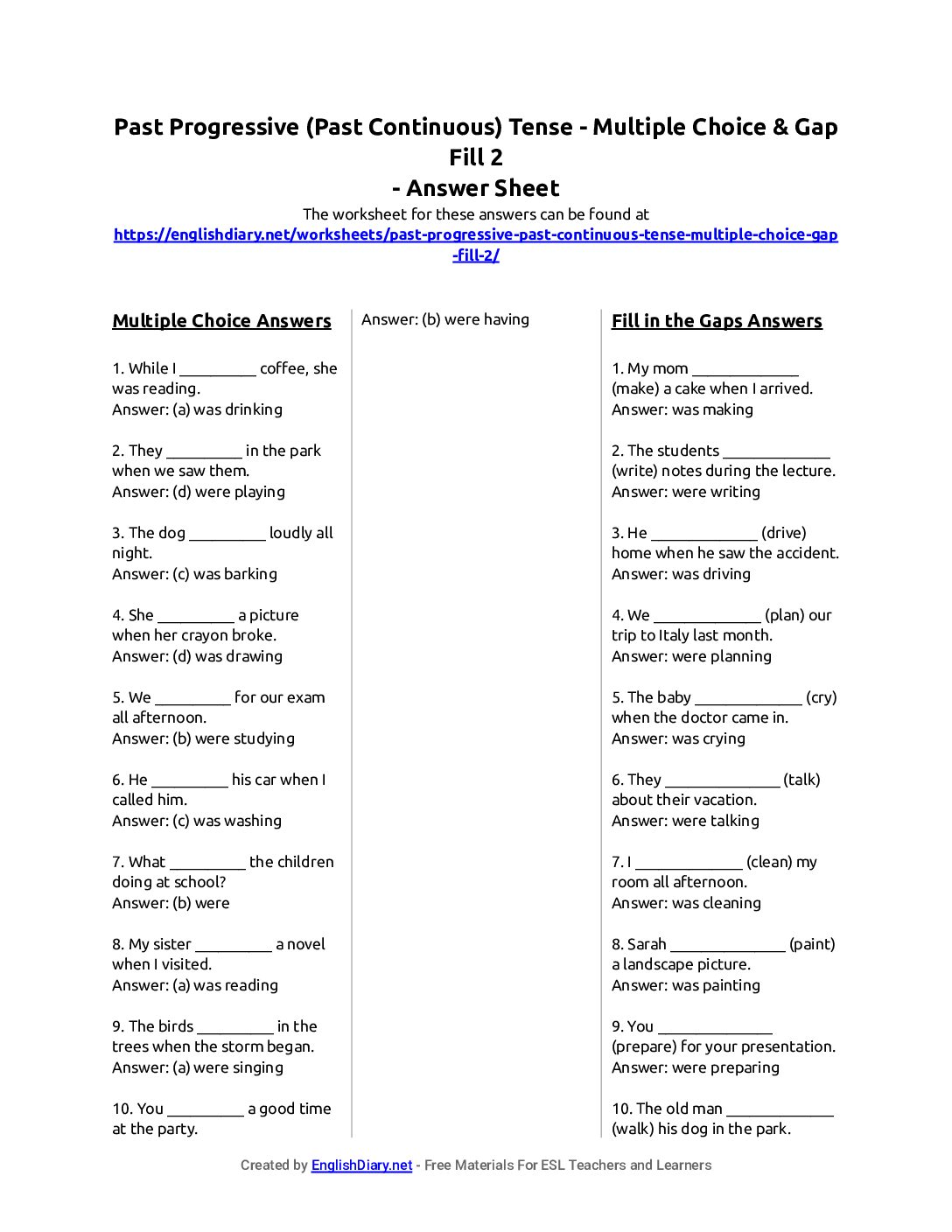 Preview of Past Progressive (Past Continuous) Tense - Multiple Choice & Gap Fill 2 Answer Sheet