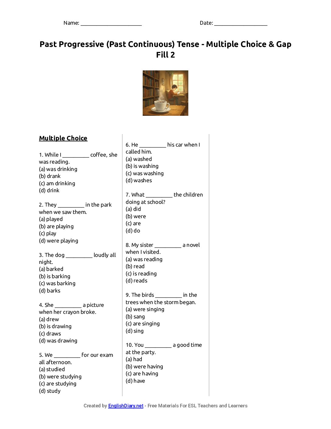 Preview of Past Progressive (Past Continuous) Tense - Multiple Choice & Gap Fill 2 Worksheet
