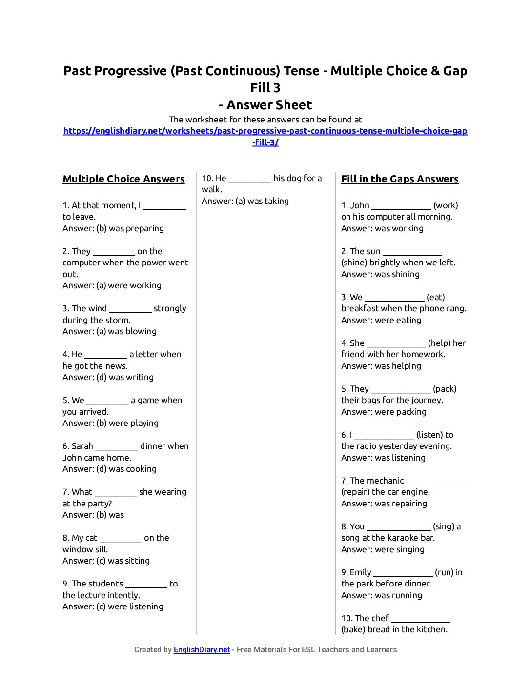 Preview of Past Progressive (Past Continuous) Tense - Multiple Choice & Gap Fill 3 Answer Sheet