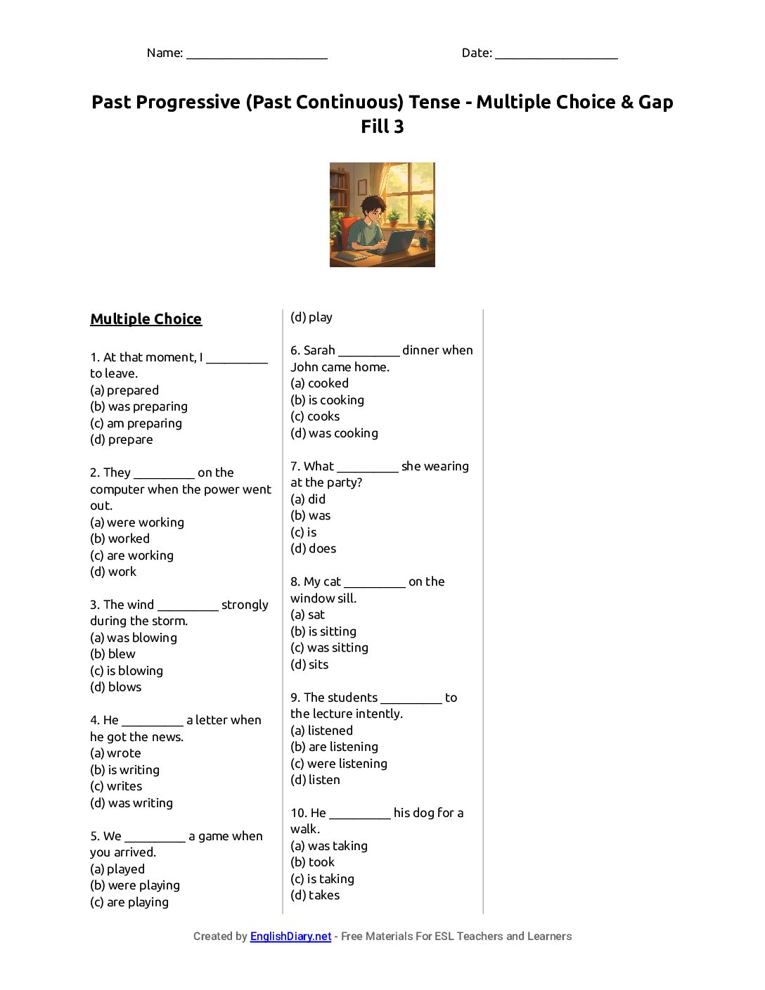 Preview of Past Progressive (Past Continuous) Tense - Multiple Choice & Gap Fill 3 Worksheet