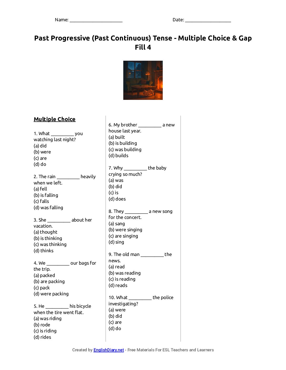 Preview of Past Progressive (Past Continuous) Tense - Multiple Choice & Gap Fill 4 Worksheet