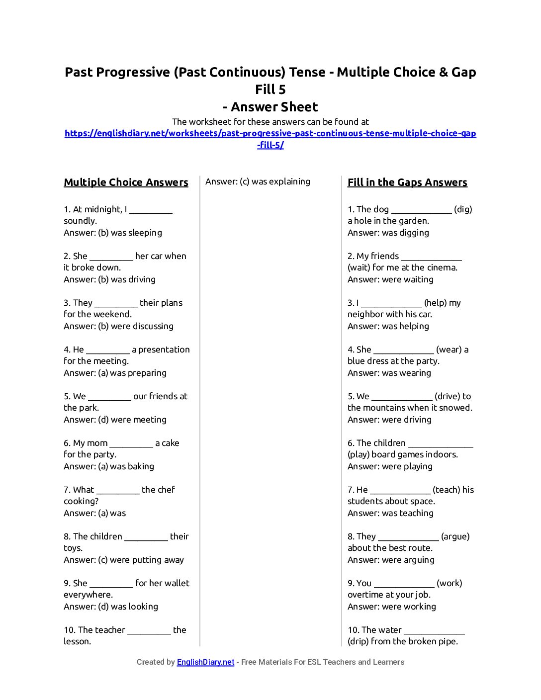 Preview of Past Progressive (Past Continuous) Tense - Multiple Choice & Gap Fill 5 Answer Sheet