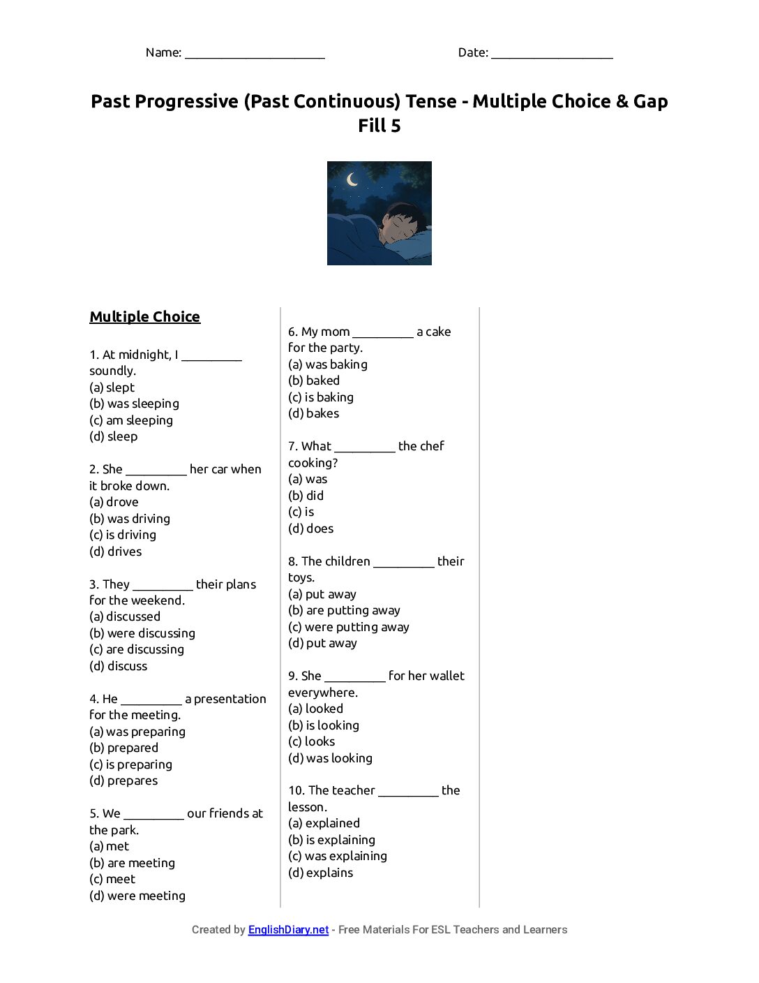 Preview of Past Progressive (Past Continuous) Tense - Multiple Choice & Gap Fill 5 Worksheet