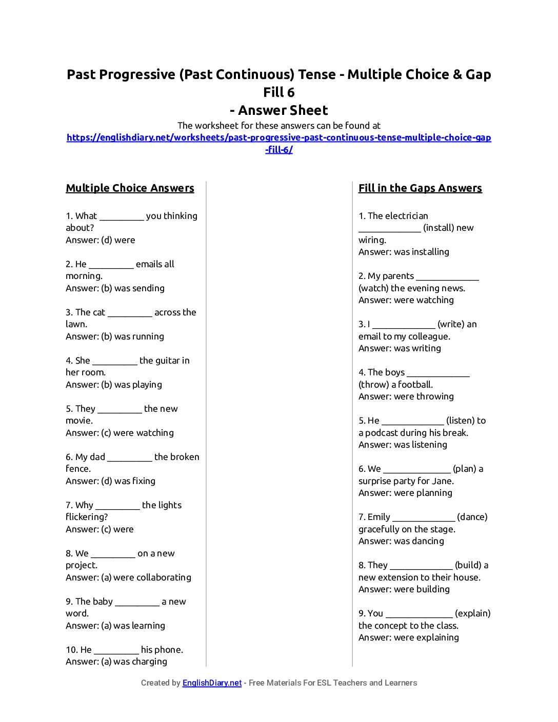 Preview of Past Progressive (Past Continuous) Tense - Multiple Choice & Gap Fill 6 Answer Sheet