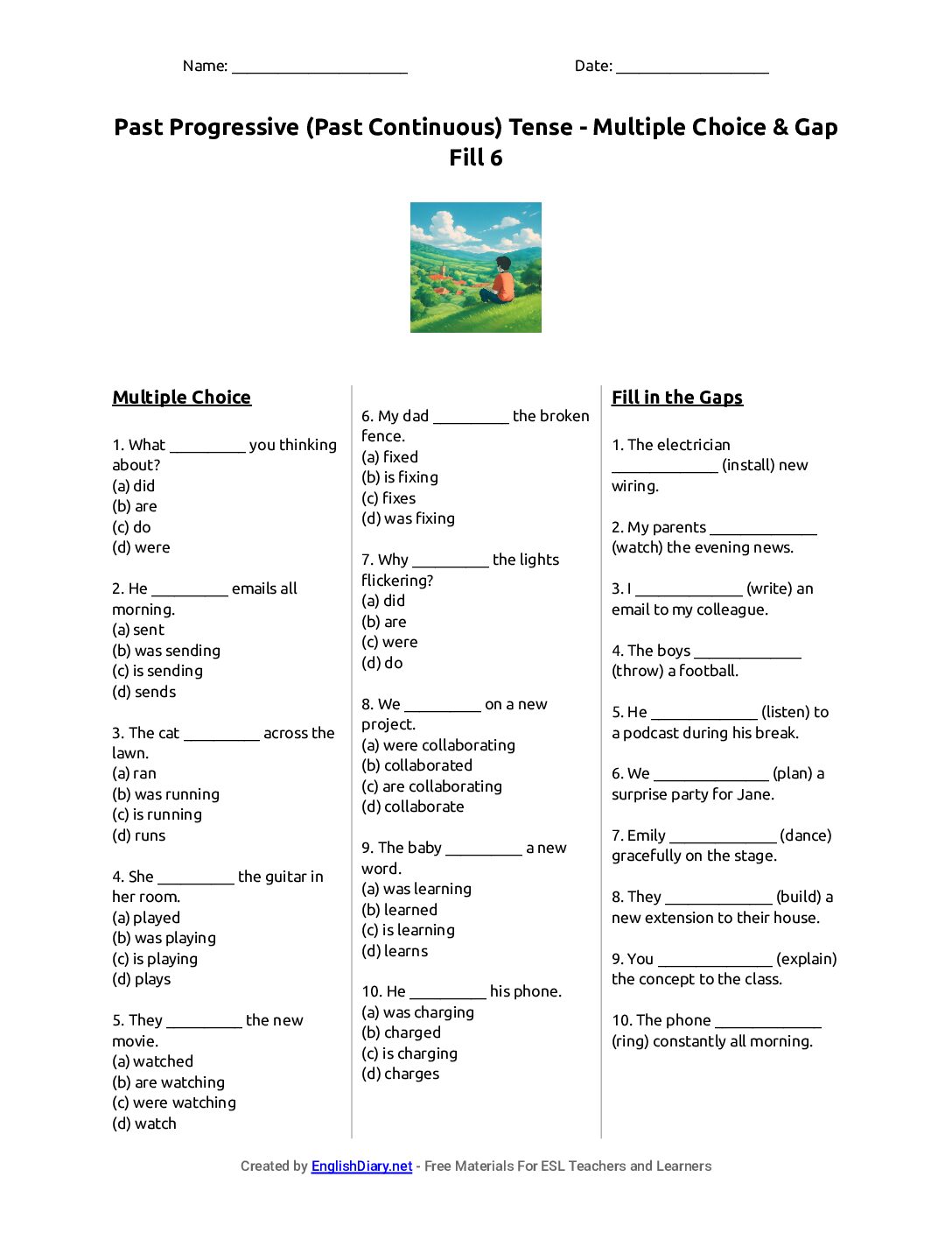 Preview of Past Progressive (Past Continuous) Tense - Multiple Choice & Gap Fill 6 Worksheet