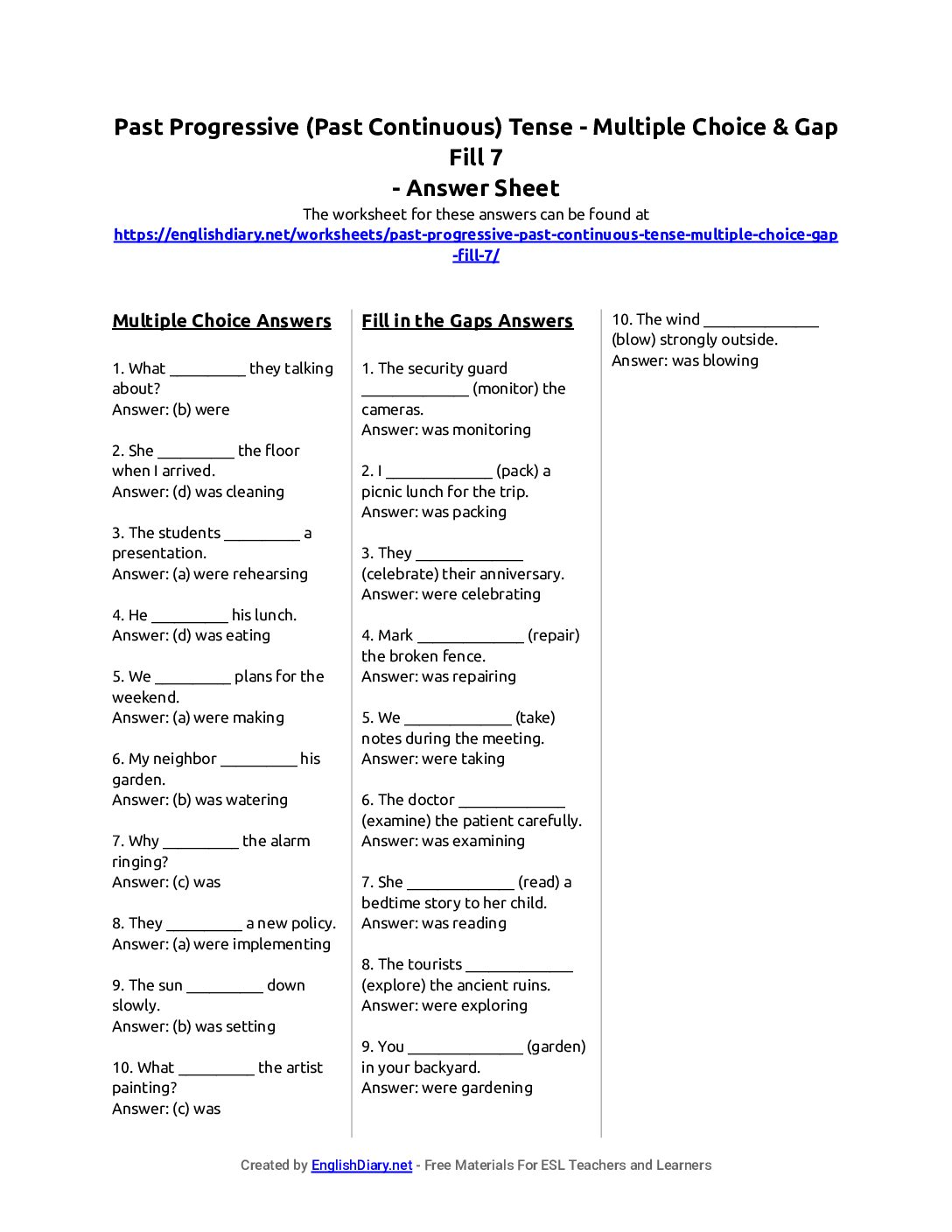 Preview of Past Progressive (Past Continuous) Tense - Multiple Choice & Gap Fill 7 Answer Sheet