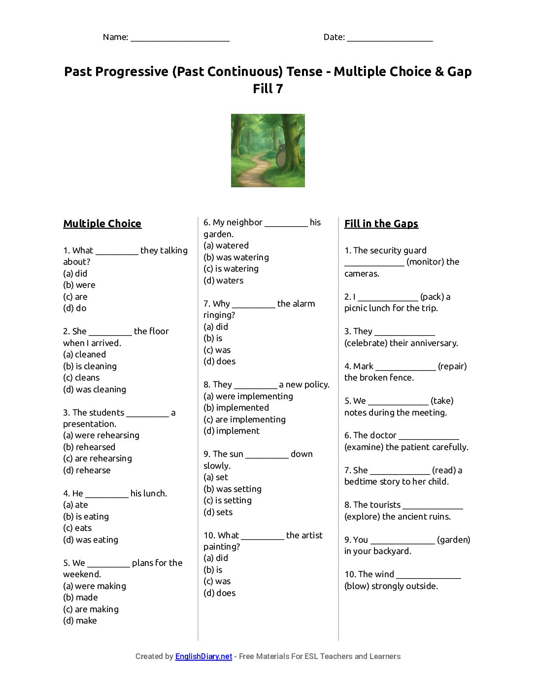Preview of Past Progressive (Past Continuous) Tense - Multiple Choice & Gap Fill 7 Worksheet