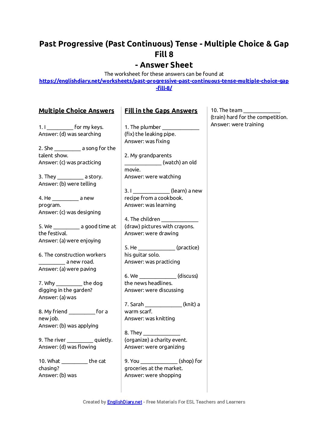 Preview of Past Progressive (Past Continuous) Tense - Multiple Choice & Gap Fill 8 Answer Sheet