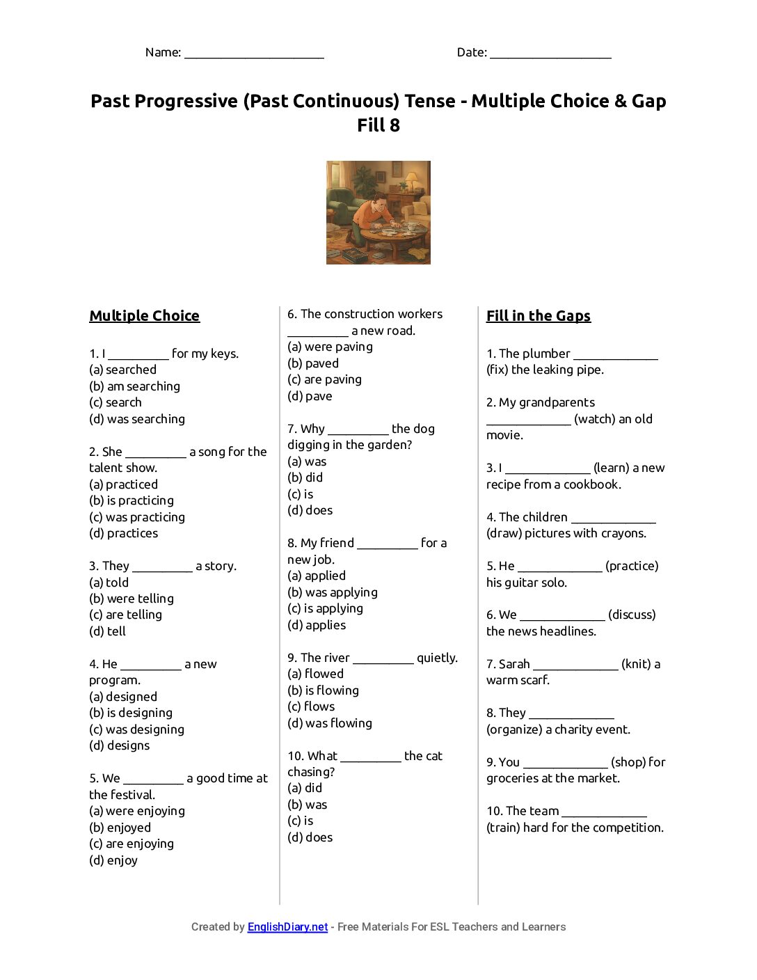 Preview of Past Progressive (Past Continuous) Tense - Multiple Choice & Gap Fill 8 Worksheet