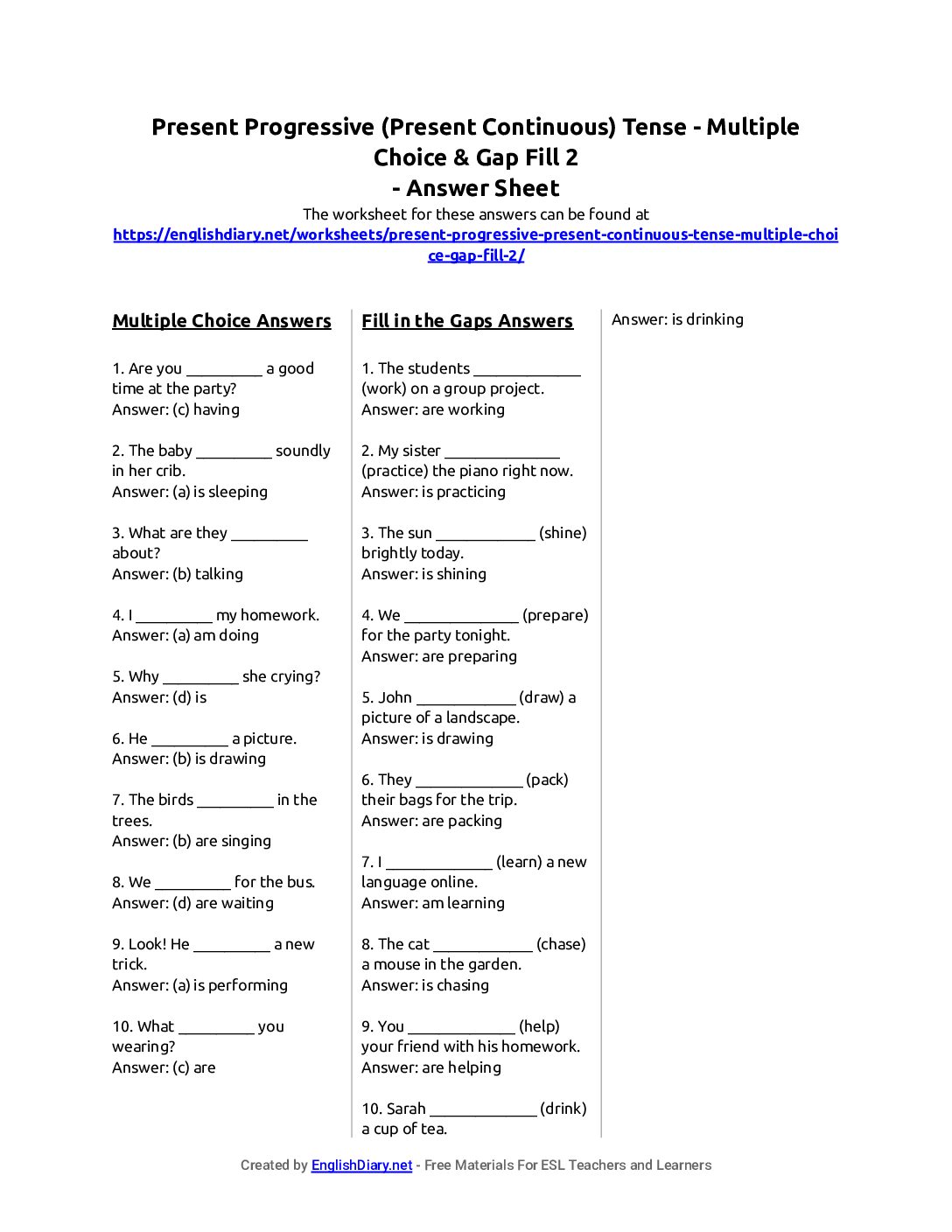Preview of Present Progressive (Present Continuous) Tense - Multiple Choice & Gap Fill 2 Answer Sheet