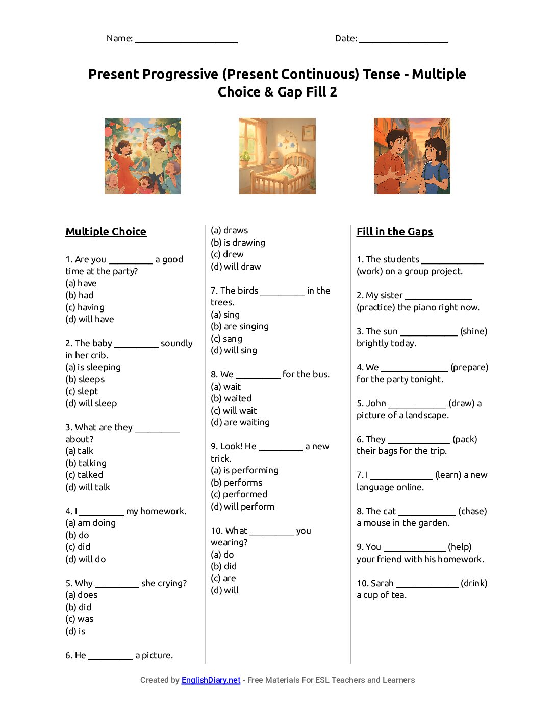 Preview of Present Progressive (Present Continuous) Tense - Multiple Choice & Gap Fill 2 Worksheet