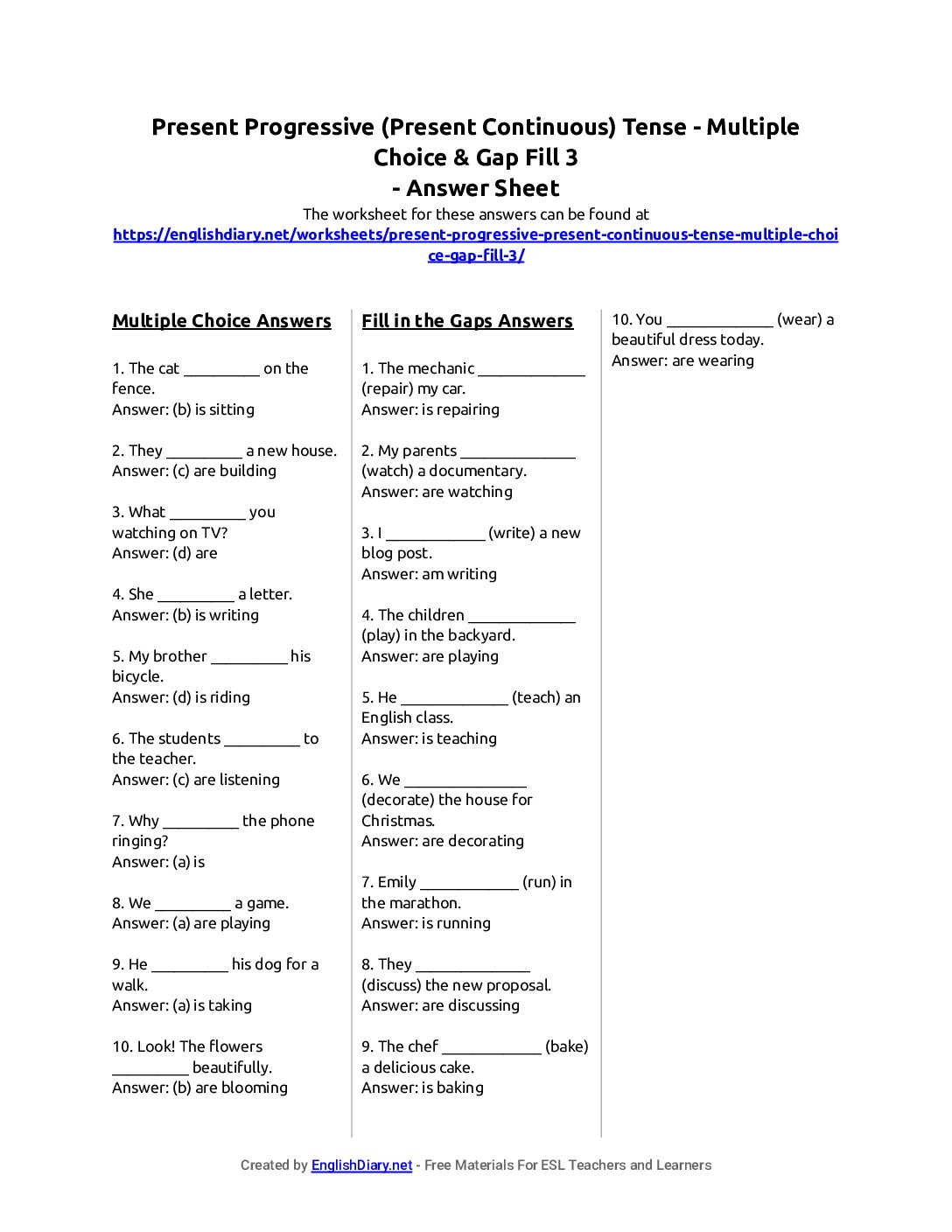 Preview of Present Progressive (Present Continuous) Tense - Multiple Choice & Gap Fill 3 Answer Sheet