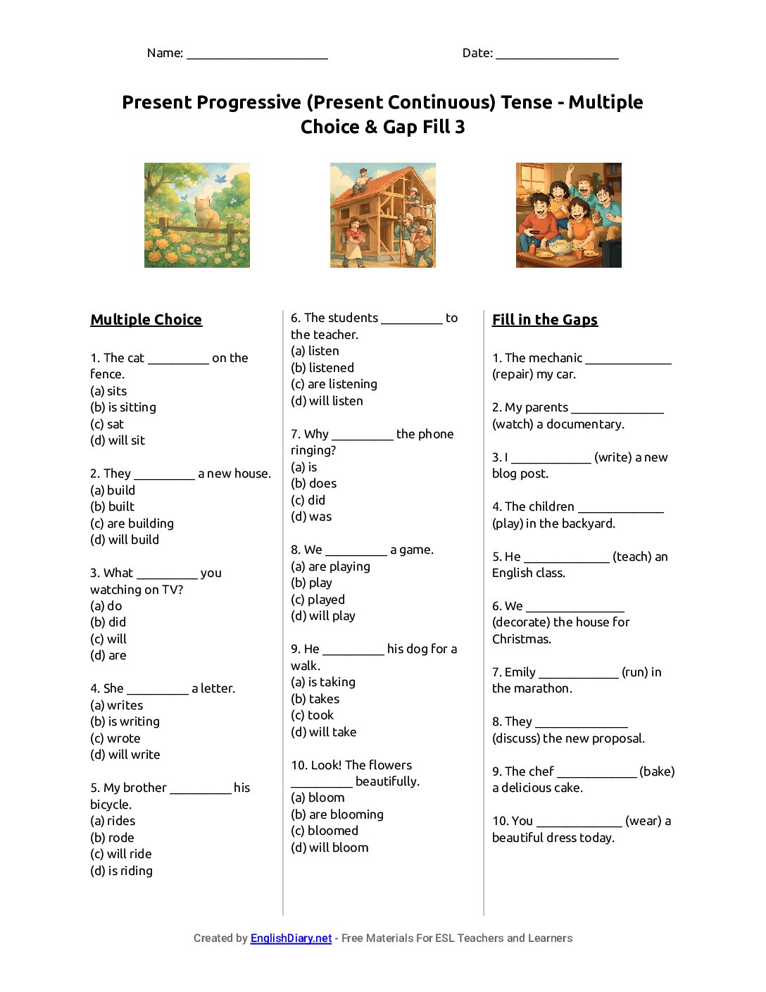 Preview of Present Progressive (Present Continuous) Tense - Multiple Choice & Gap Fill 3 Worksheet