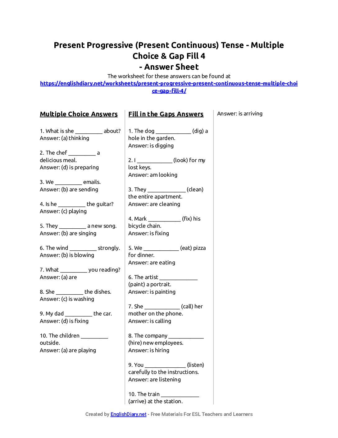 Preview of Present Progressive (Present Continuous) Tense - Multiple Choice & Gap Fill 4 Answer Sheet