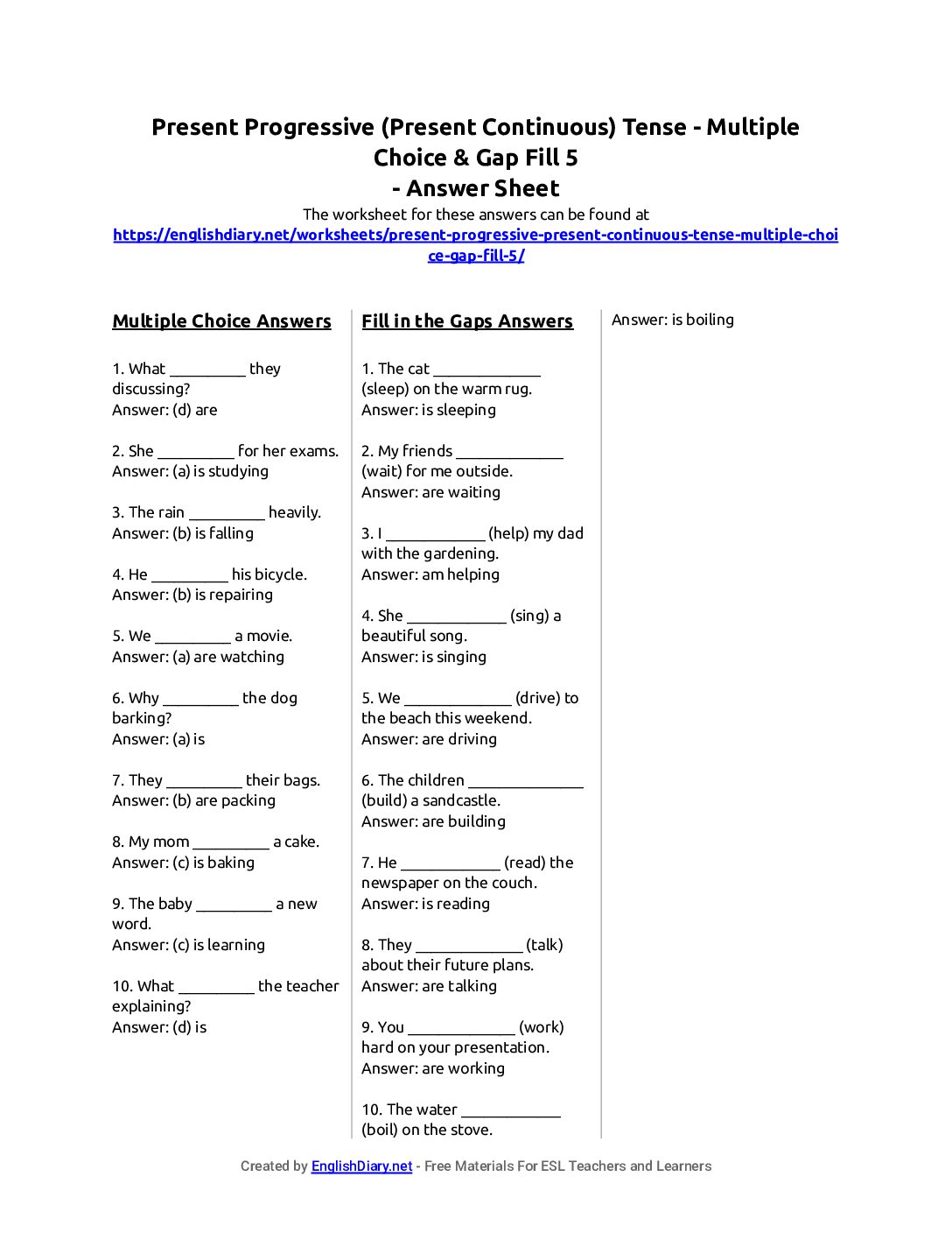Preview of Present Progressive (Present Continuous) Tense - Multiple Choice & Gap Fill 5 Answer Sheet