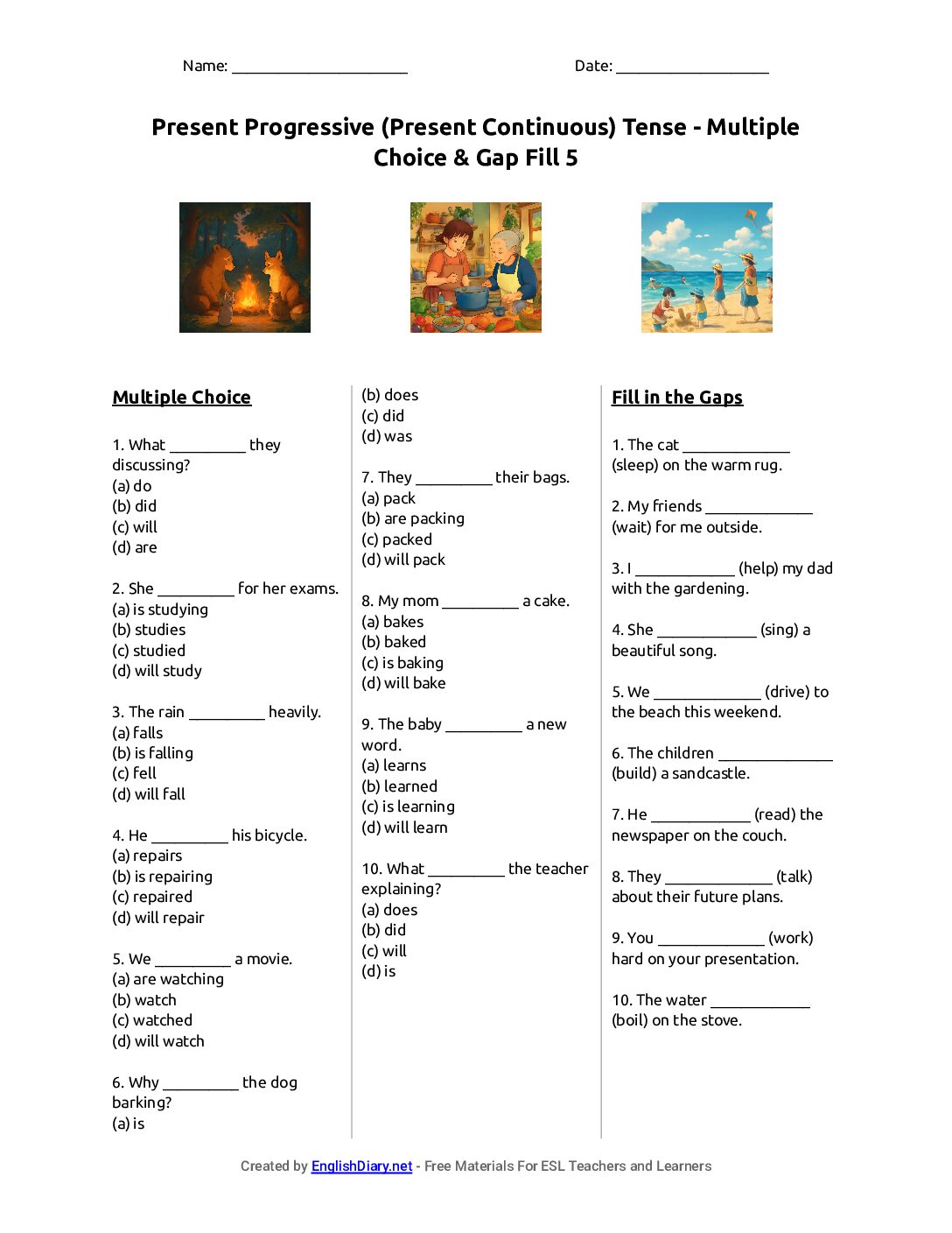 Preview of Present Progressive (Present Continuous) Tense - Multiple Choice & Gap Fill 5 Worksheet