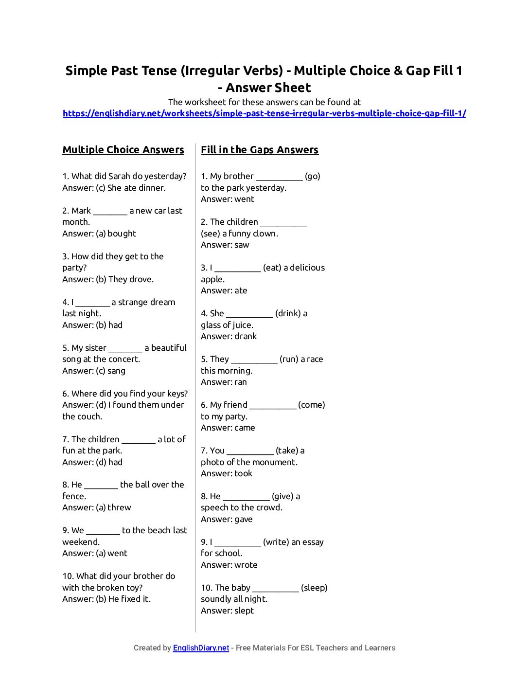 Preview of Simple Past Tense (Irregular Verbs) - Multiple Choice & Gap Fill 1 Answer Sheet