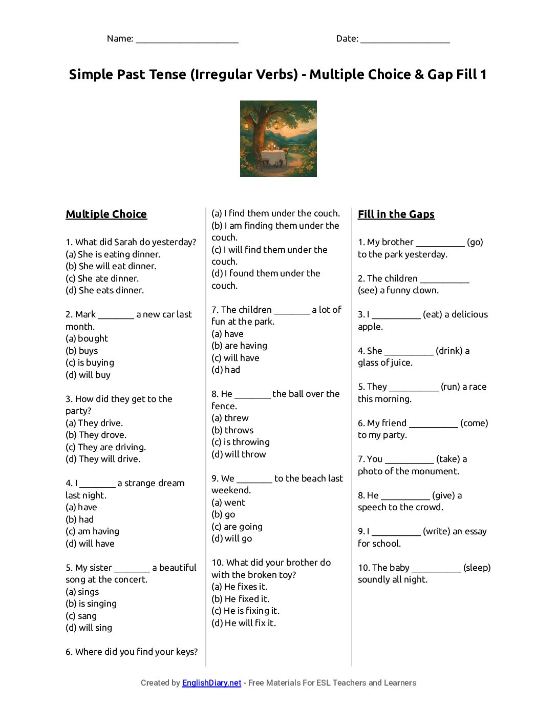 Preview of Simple Past Tense (Irregular Verbs) - Multiple Choice & Gap Fill 1 Worksheet