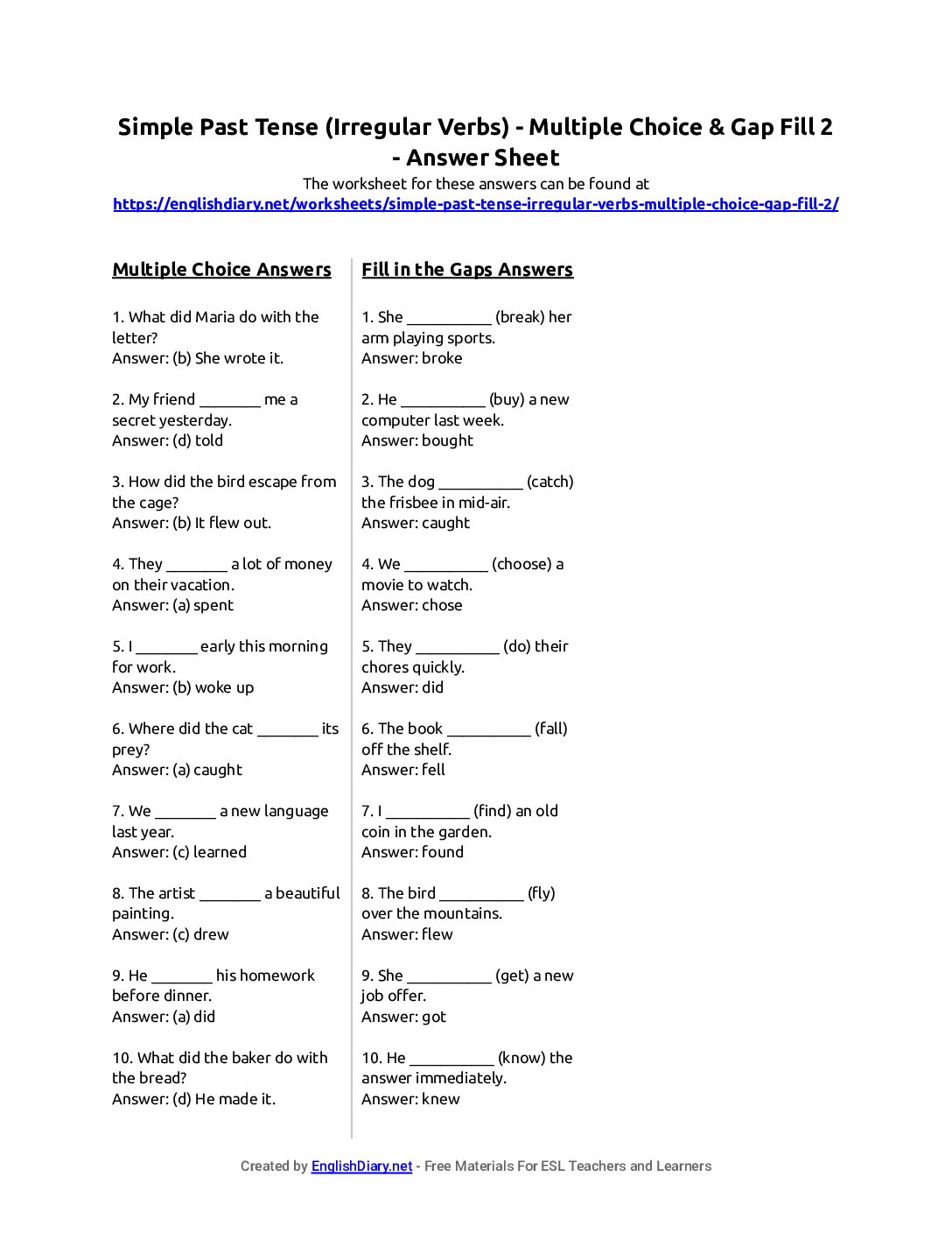 Preview of Simple Past Tense (Irregular Verbs) - Multiple Choice & Gap Fill 2 Answer Sheet