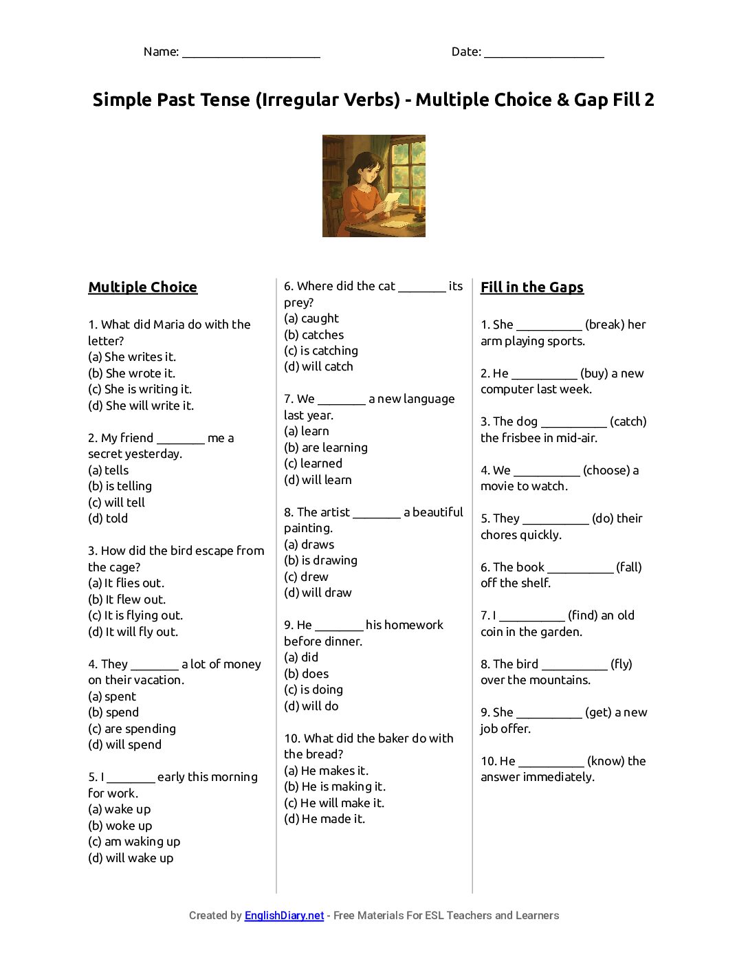 Preview of Simple Past Tense (Irregular Verbs) - Multiple Choice & Gap Fill 2 Worksheet