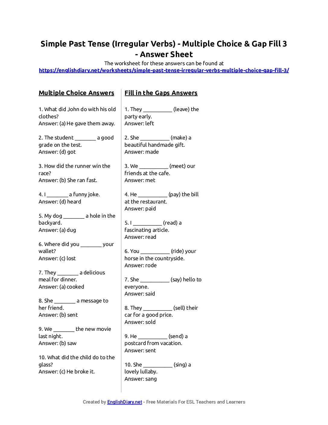 Preview of Simple Past Tense (Irregular Verbs) - Multiple Choice & Gap Fill 3 Answer Sheet