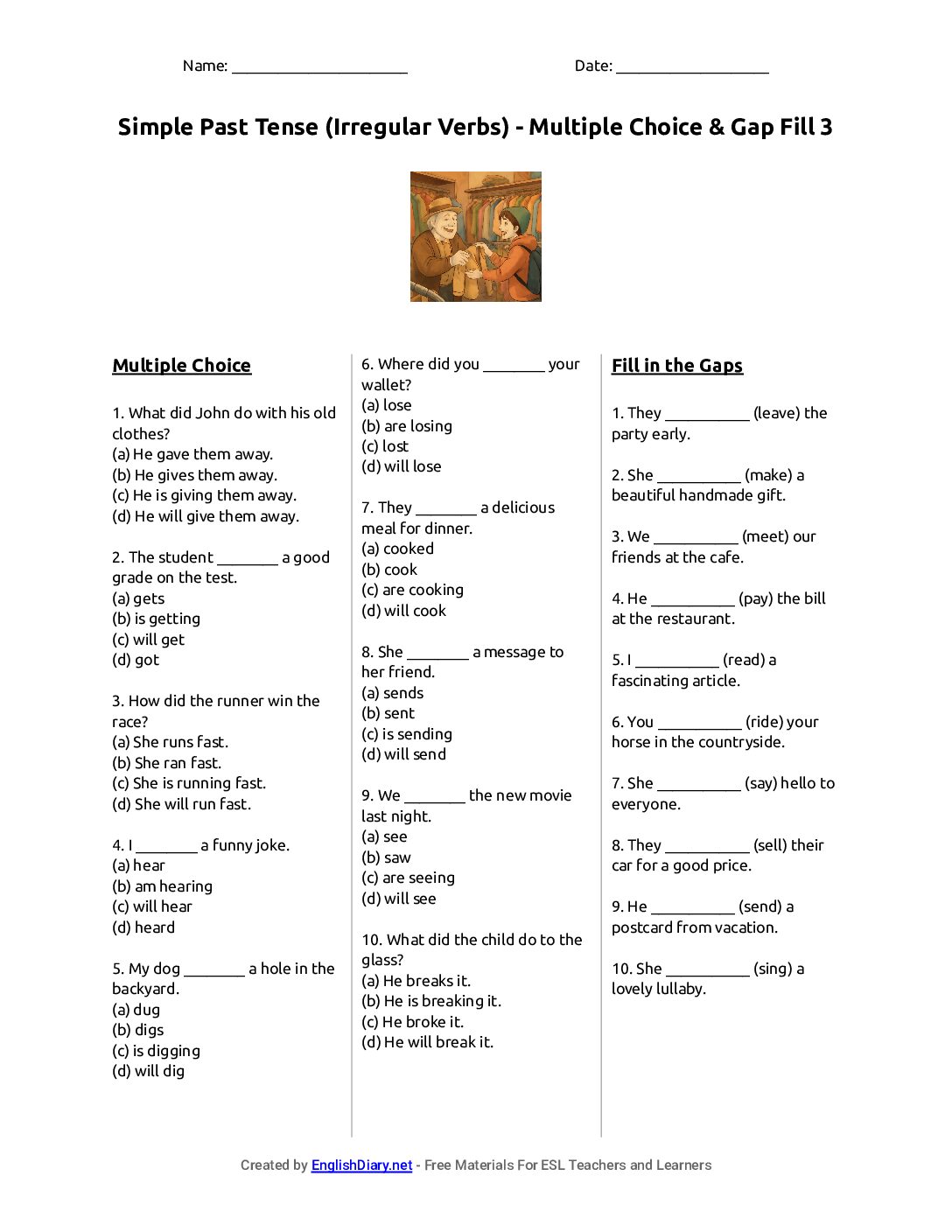 Preview of Simple Past Tense (Irregular Verbs) - Multiple Choice & Gap Fill 3 Worksheet