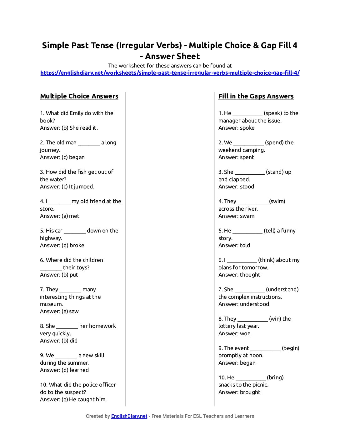 Preview of Simple Past Tense (Irregular Verbs) - Multiple Choice & Gap Fill 4 Answer Sheet