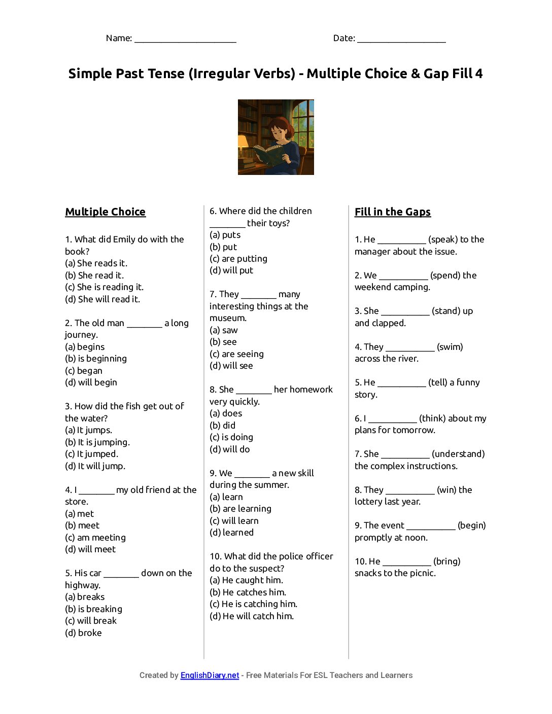 Preview of Simple Past Tense (Irregular Verbs) - Multiple Choice & Gap Fill 4 Worksheet