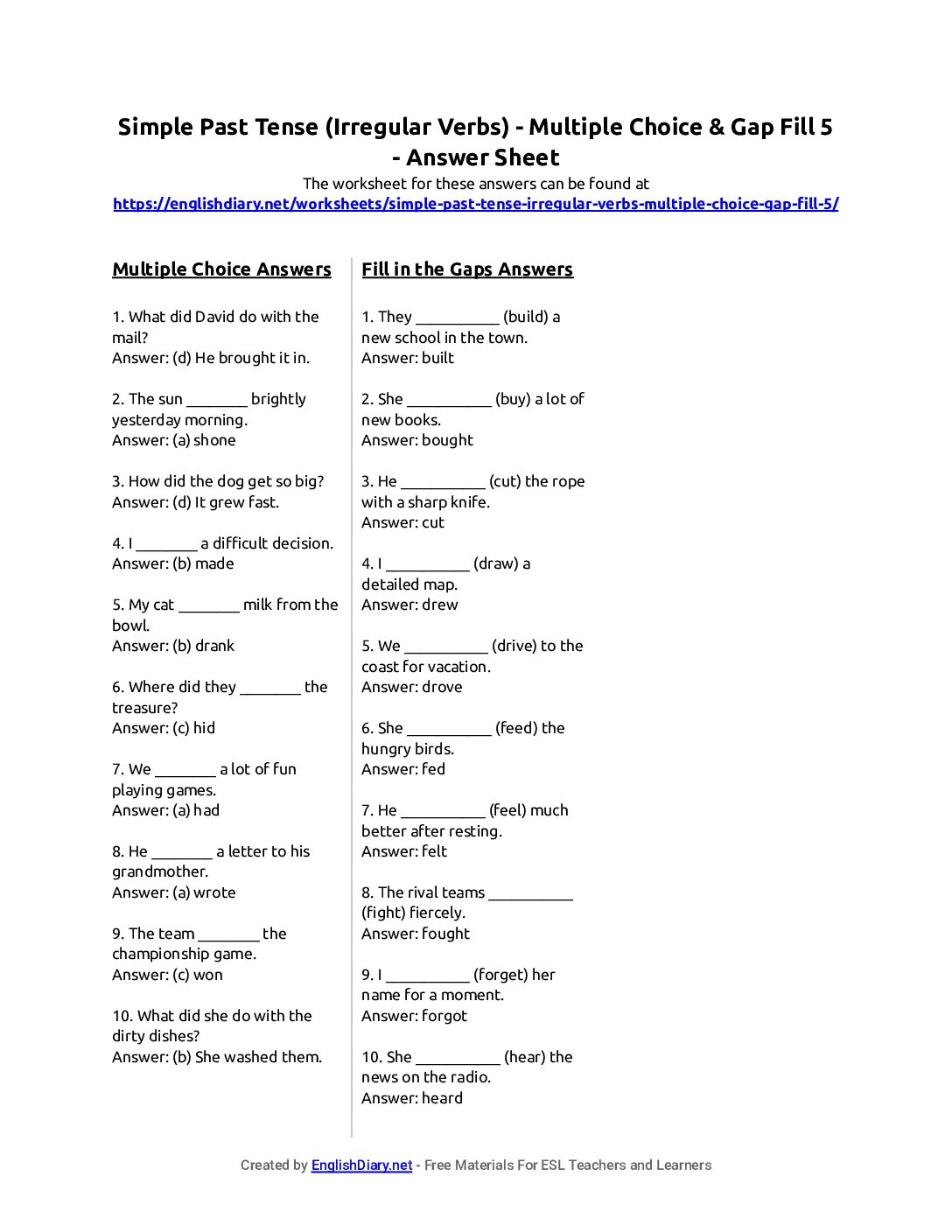 Preview of Simple Past Tense (Irregular Verbs) - Multiple Choice & Gap Fill 5 Answer Sheet