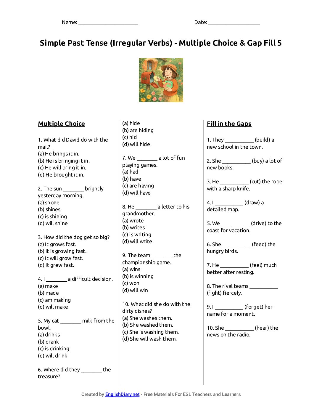 Preview of Simple Past Tense (Irregular Verbs) - Multiple Choice & Gap Fill 5 Worksheet
