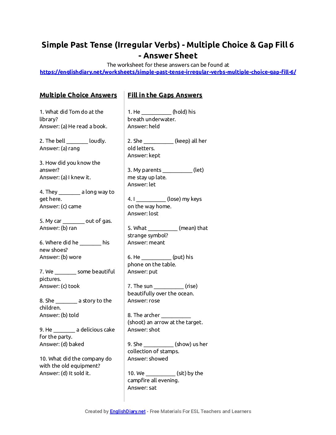 Preview of Simple Past Tense (Irregular Verbs) - Multiple Choice & Gap Fill 6 Answer Sheet