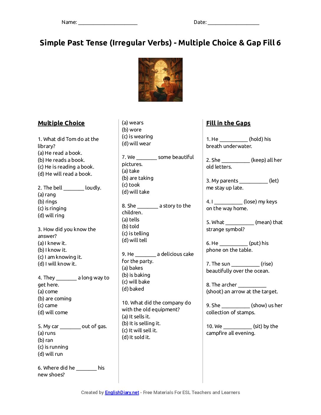 Preview of Simple Past Tense (Irregular Verbs) - Multiple Choice & Gap Fill 6 Worksheet