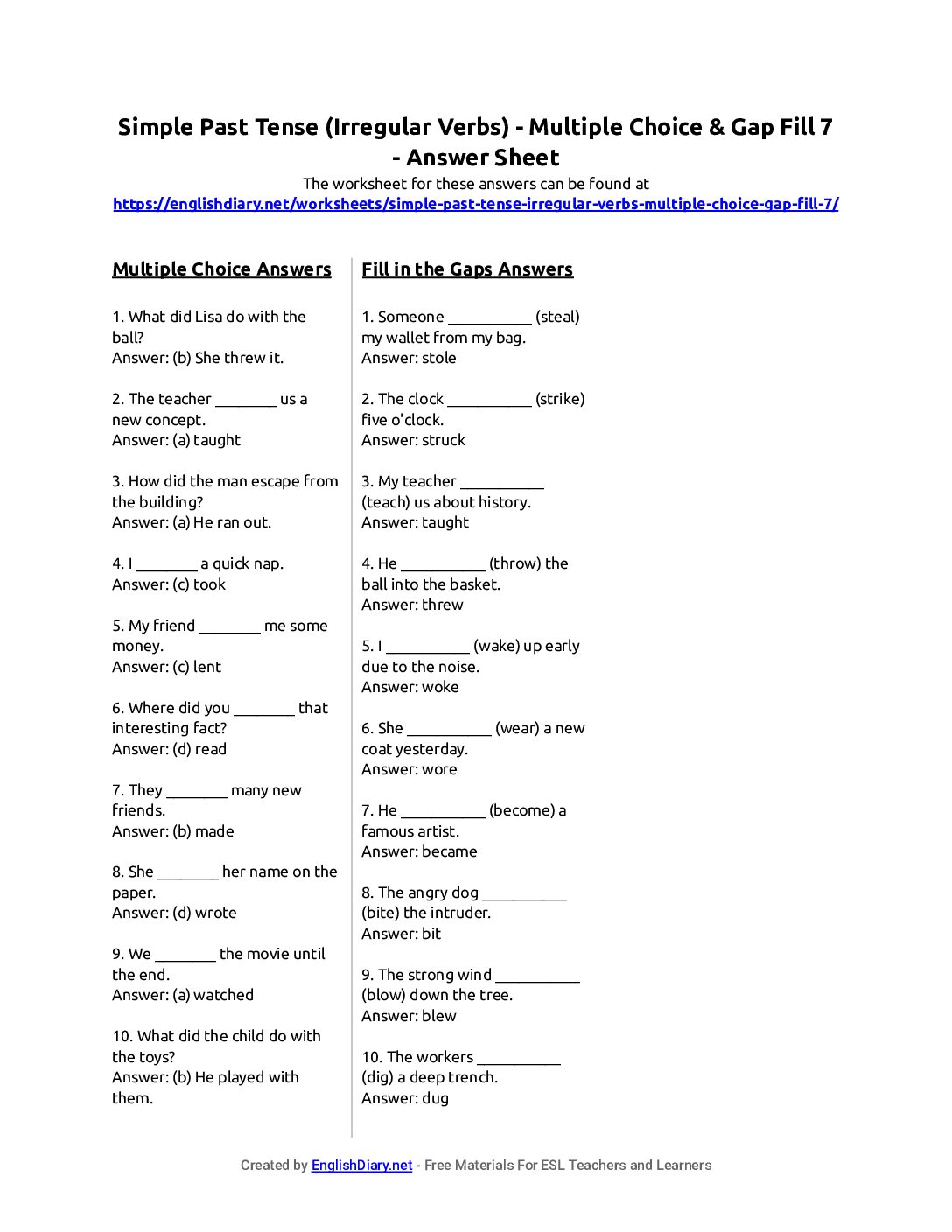 Preview of Simple Past Tense (Irregular Verbs) - Multiple Choice & Gap Fill 7 Answer Sheet