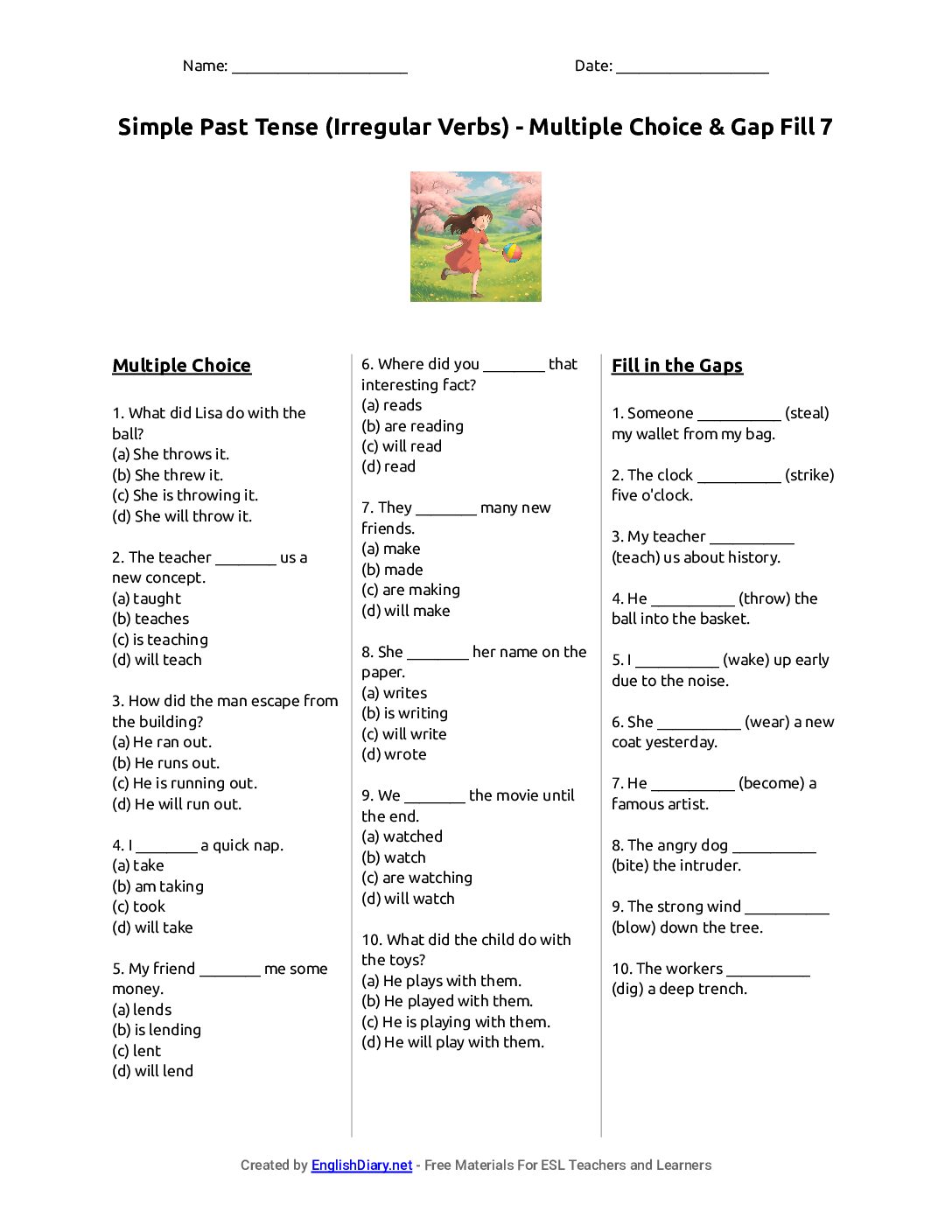 Preview of Simple Past Tense (Irregular Verbs) - Multiple Choice & Gap Fill 7 Worksheet