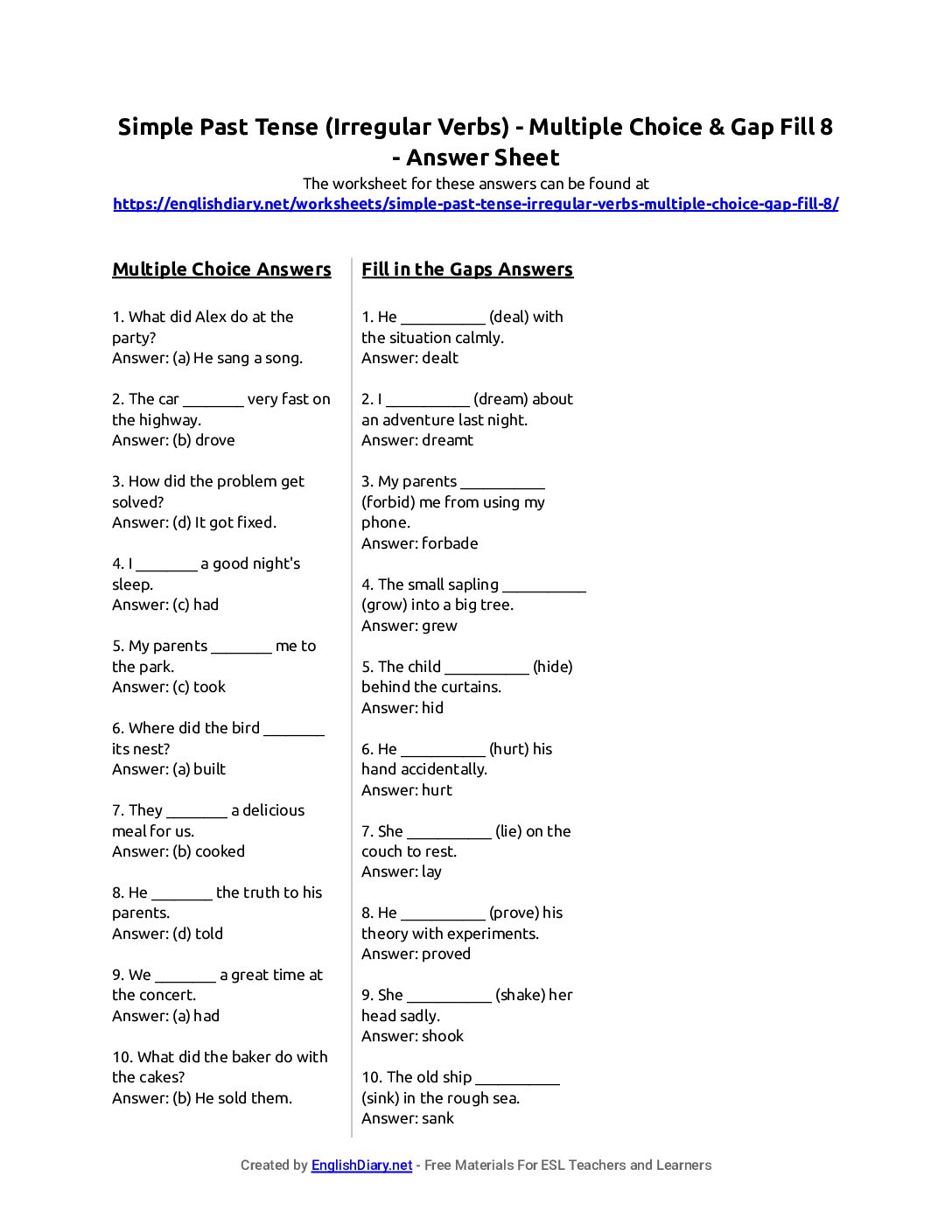 Preview of Simple Past Tense (Irregular Verbs) - Multiple Choice & Gap Fill 8 Answer Sheet