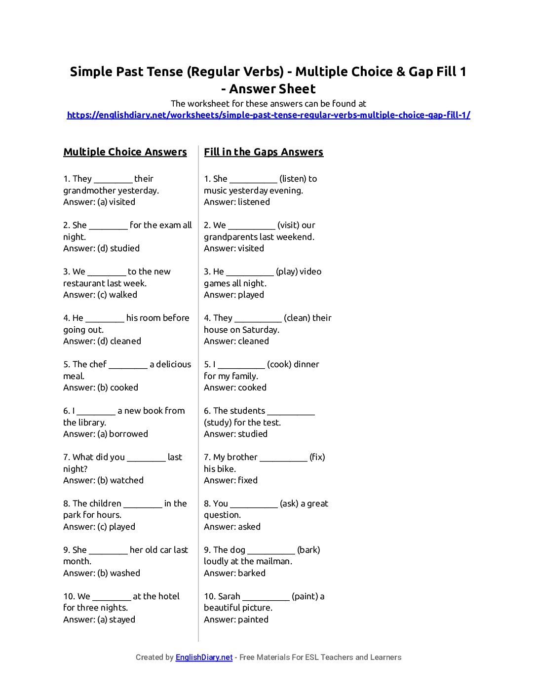 Preview of Simple Past Tense (Regular Verbs) - Multiple Choice & Gap Fill 1 Answer Sheet