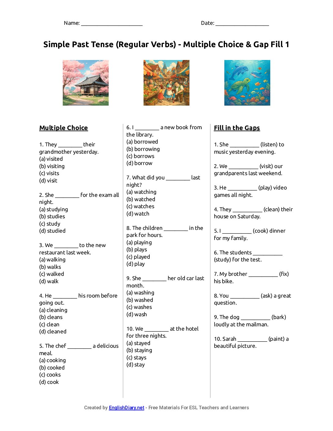 Preview of Simple Past Tense (Regular Verbs) - Multiple Choice & Gap Fill 1 Worksheet