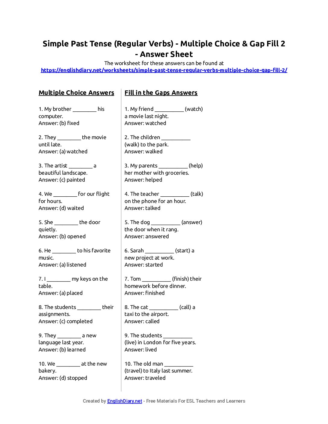 Preview of Simple Past Tense (Regular Verbs) - Multiple Choice & Gap Fill 2 Answer Sheet