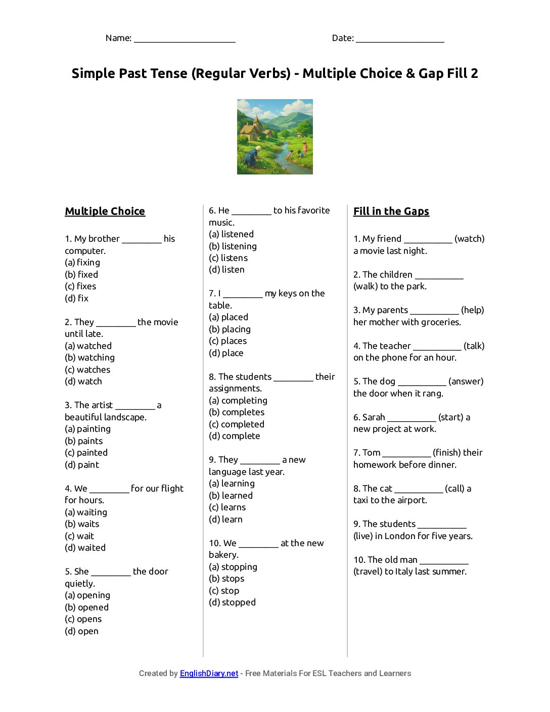 Preview of Simple Past Tense (Regular Verbs) - Multiple Choice & Gap Fill 2 Worksheet