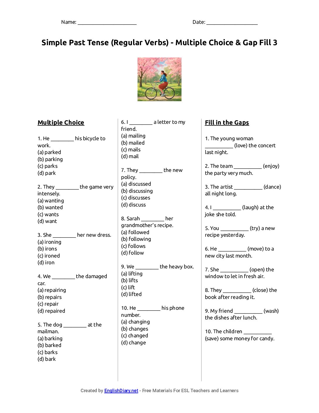 Preview of Simple Past Tense (Regular Verbs) - Multiple Choice & Gap Fill 3 Worksheet